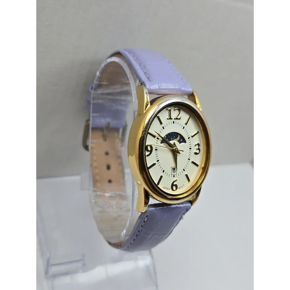Womens Vintage Avon Moon Phase Date Womens Gold Tone Leather Watch New Battery